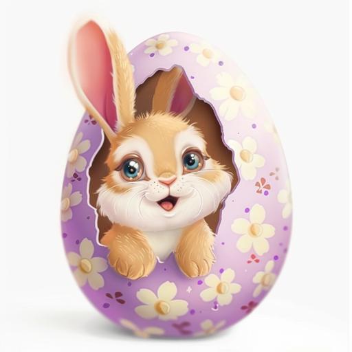 cartoon easter egg with cute baby bunny peeking out, attractive to look at, white background
