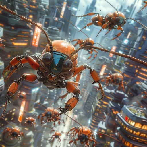 cartoon extreme vivid anime, ant warriors flying through crop circles city --v 6.0 --s 250