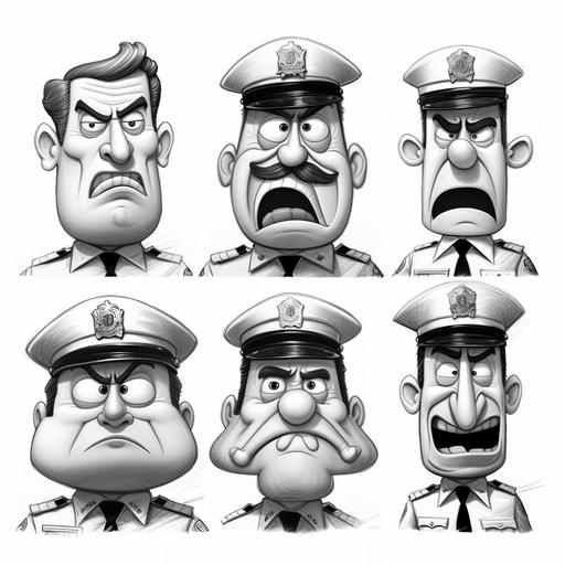 cartoon faces, happy, confused, angry, and sad, sheriffs deputy, line drawing, black and white.