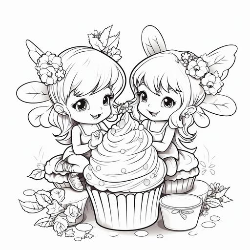 cartoon fairies with cupcakes and a christmas tree coloring book black and white no shadows dof--AR8510