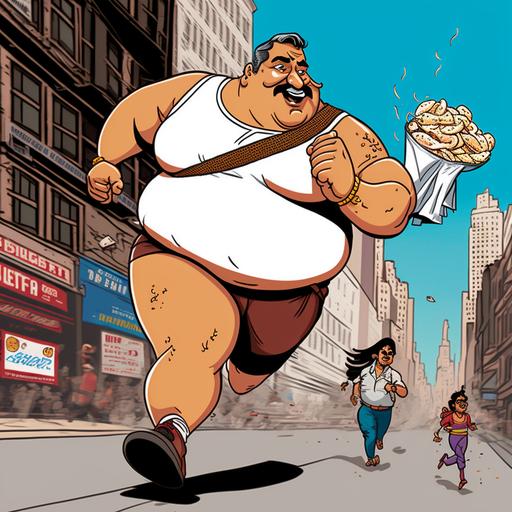 cartoon fat indian guy with a mustache and a little baby face and tail running through NYC with a bag of chips, popcorn and whip cream in his hand and nose - Upscaled by @simon1310 (fast)