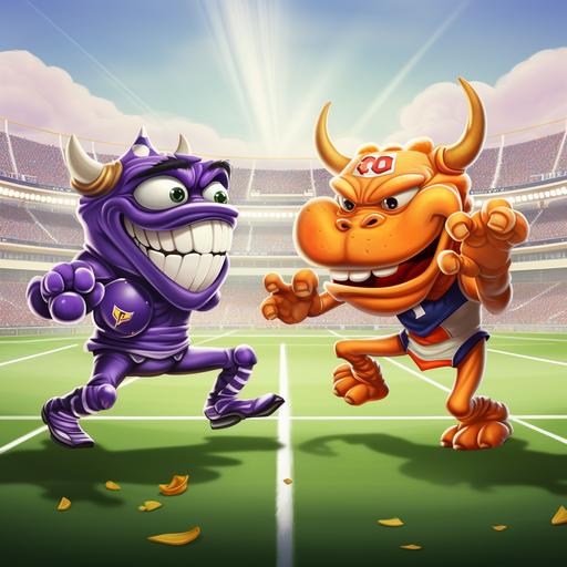 cartoon fight between purplel frog mascot and orange Bevo the longhorn mascot on football field