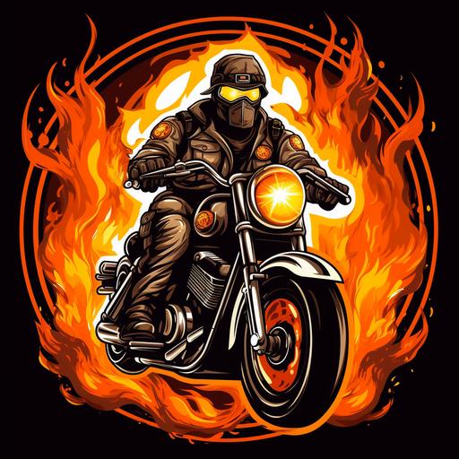 cartoon firefighter biker on bagger motorcycle black and orange circle background surounded in flames