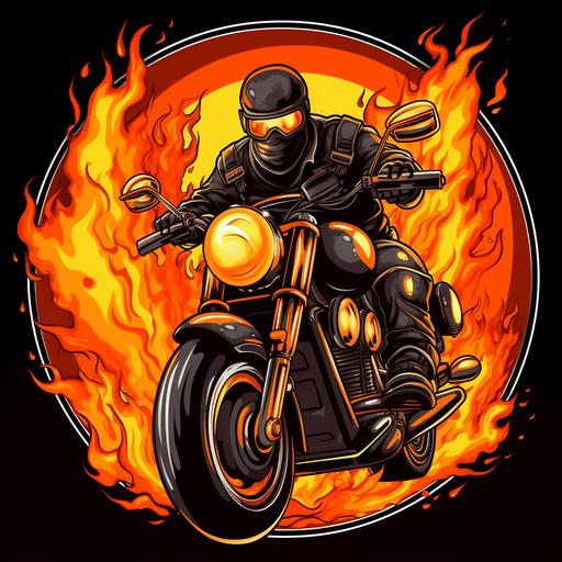 cartoon firefighter biker on bagger motorcycle black and orange circle background surounded in flames