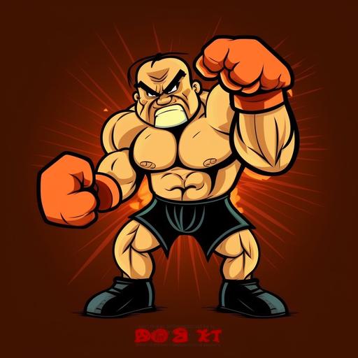 cartoon fist boxer shows gloves, well-built body, fight on fire, furious, picture very detailed