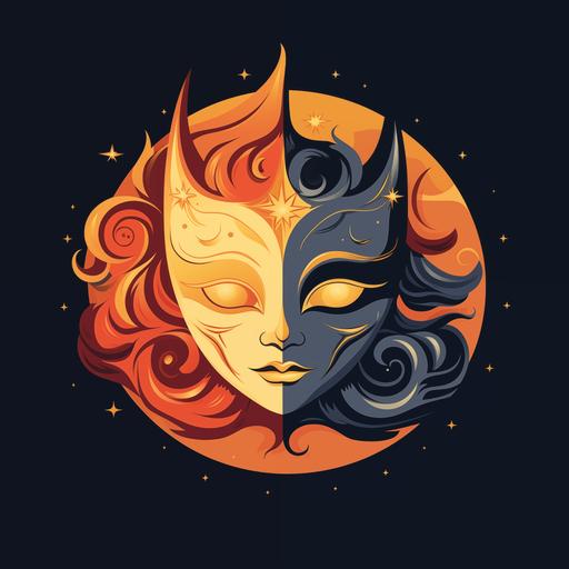 cartoon flat ornamental logo one mask, half of mask comedy human face with sun and flames, other half drama cat mask with stars and moon