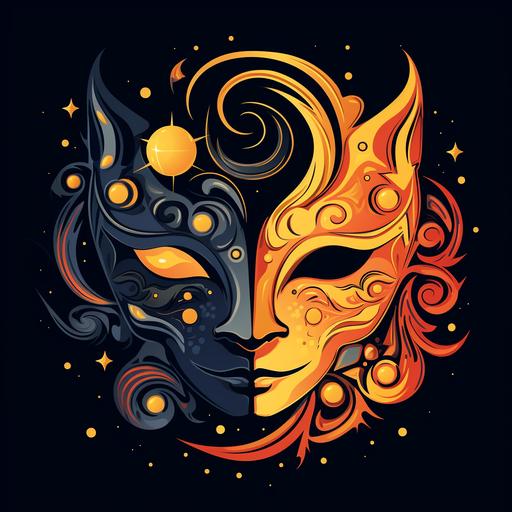 cartoon flat ornamental logo one mask, half of mask comedy human face with sun and flames, other half drama cat mask night stars and moon clouds