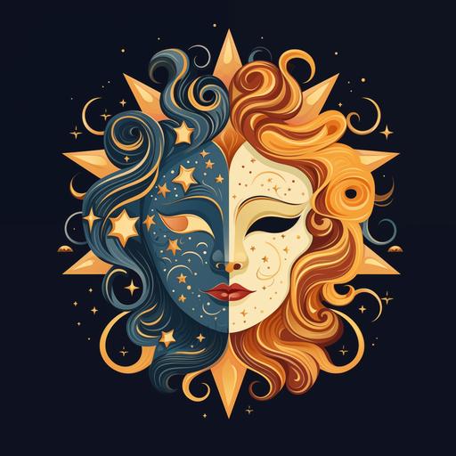cartoon flat ornamental logo one mask, half of mask comedy Thalia human face with sun and flames, other half tragedy Melpomene cat mask night stars and moon clouds