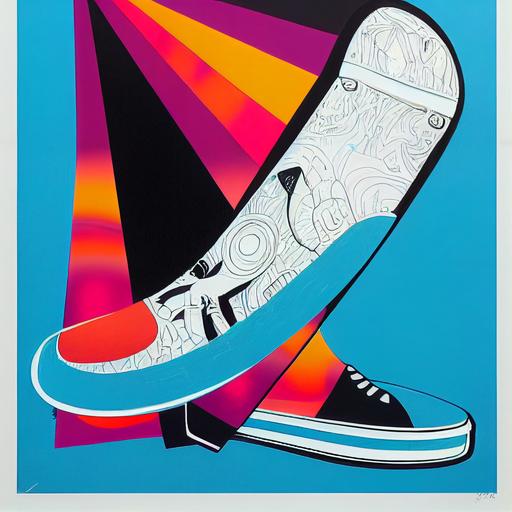 cartoon foot and skateboard, silkprint, print, abstract, art, --test --creative
