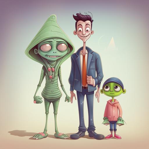 cartoon for children. alien wearing a mask to look human. he is dad. kids are suspicious of him. everyone is happy.