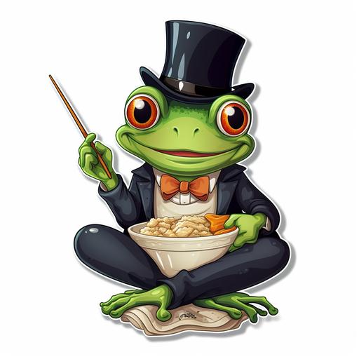 cartoon, frog in top hat, eating ramen with chop sticks, sticker, white background