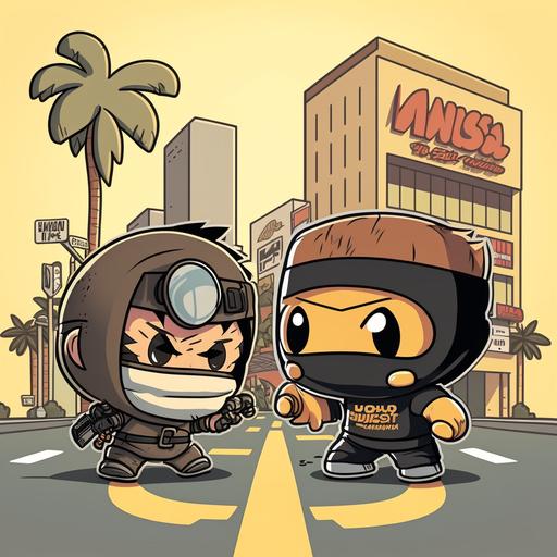 cartoon funko pop ninja with sai in urban los angeles fighting