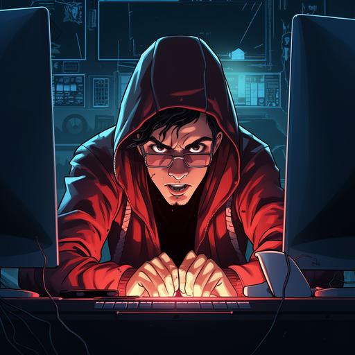 cartoon geek wearing hoodie sitting at computer desk, red laser eyes, exaggerated crying tears, looking at viewer