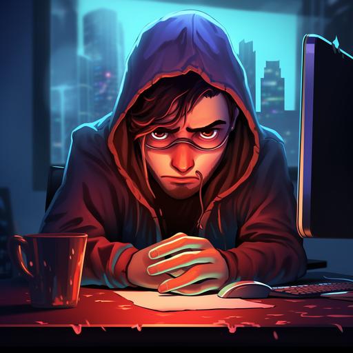 cartoon geek wearing hoodie sitting at computer desk, red laser eyes, exaggerated crying tears, looking at viewer