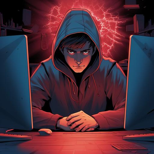 cartoon geek wearing hoodie sitting at computer desk, red laser eyes, crying with tears, looking at viewer