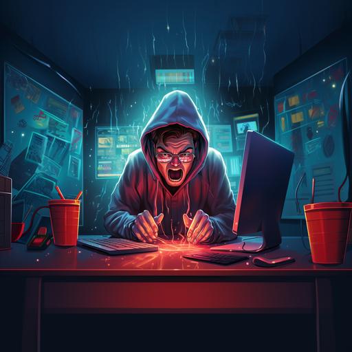 cartoon geek wearing hoodie sitting at computer desk, red laser eyes, exaggerated crying with tears, looking at viewer