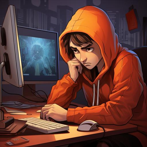 cartoon geek wearing orange hoodie sitting at computer desk, exaggerated crying tears, looking at viewer