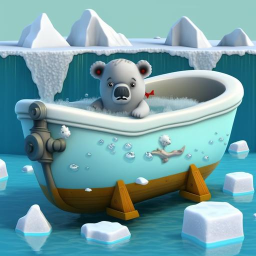 cartoon glacier in bathtub with toy titanic, cute, adorable, ultra high detail, comic panel, 8k --v 4