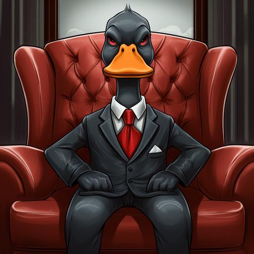 cartoon goose in a black suit with a red tie sits on the couch