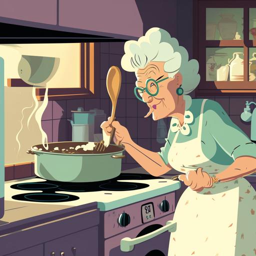cartoon grandma cooking in the kitchen in the 1960's