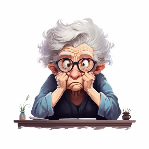 cartoon grandma sitting at the computer face forward hands in her hair elbows bend expression of frustration white background