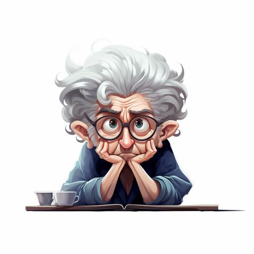 cartoon grandma sitting at the computer face forward hands in her hair elbows bend expression of frustration white background