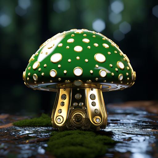 cartoon green mushroom with white dots , coin, gold, white, black, gun metal grey