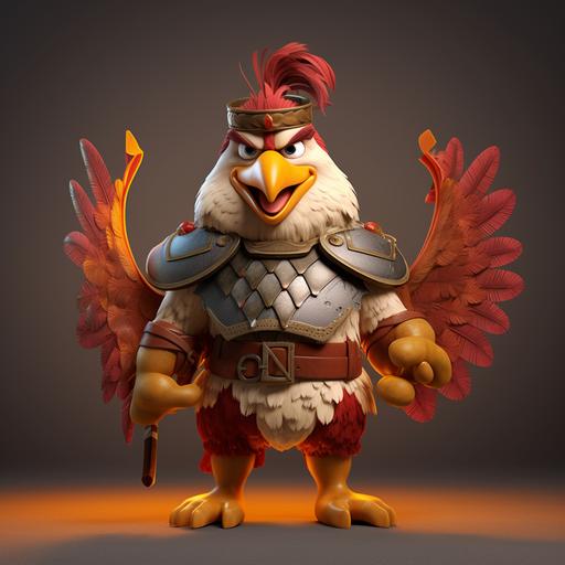 cartoon grilled chicken using Greek warrior attire for children be funny and pretty huge