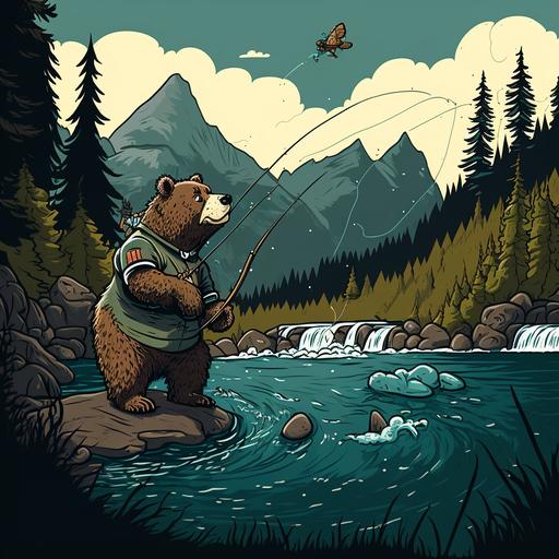 cartoon grizzly bear fly fishing in a river in the mountains