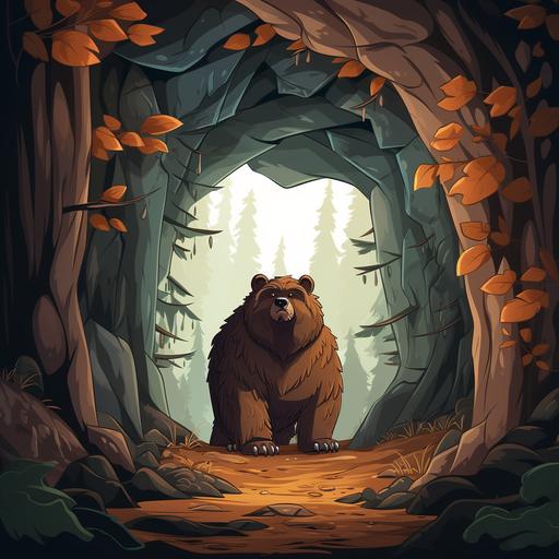 cartoon grizzly bear in cave in the forest