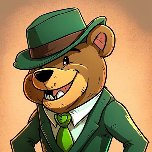 cartoon grizzly bear with a smile wearing a green hat and tie
