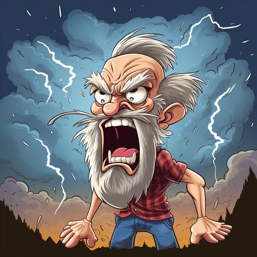 cartoon grumpy old man yelling lightning dark clouds