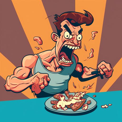 cartoon, guy eating bacon and eggs, solid background