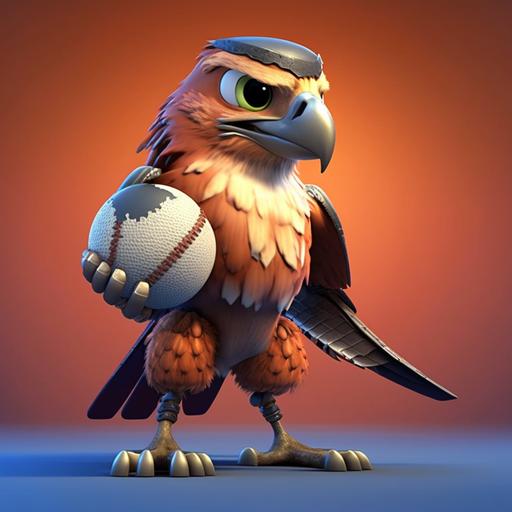 cartoon, hawk holding softball in claws, 3d pixar, cartoon illustration, high definition, color background