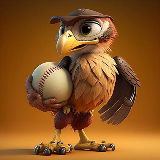 cartoon, hawk holding softball in claws, 3d pixar, cartoon illustration, high definition, color background