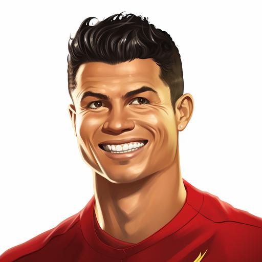 cartoon headshot of cristiano ronaldo wearing a red soccer jersey, smiling, SHORT NECK, white background, looking into camera, HD