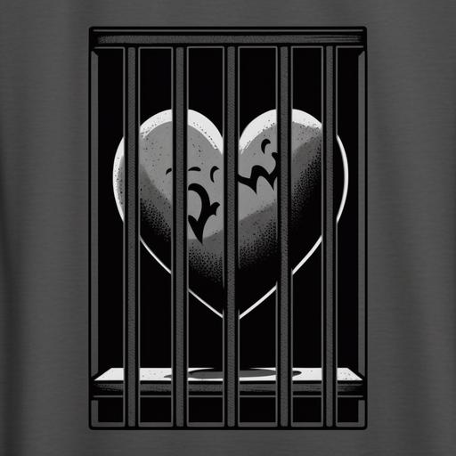 cartoon heart behind jail bars, 2d street art style, solid dark gray background