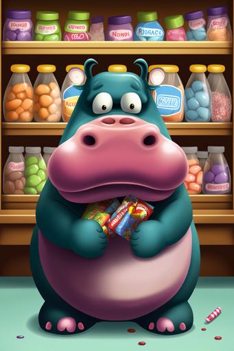 cartoon hippopotamus with angry face, candy store background, --ar 2:3