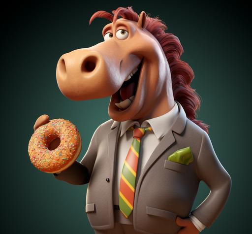 cartoon horse in suit holding a doughnut, in the style of zbrush, raymond briggs, happycore, bill watterson, website, uhd image, alpo jaakola --ar 13:12