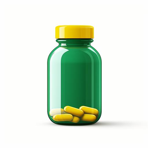 cartoon illustation of modern blank green pill bottle with yellow label, white background