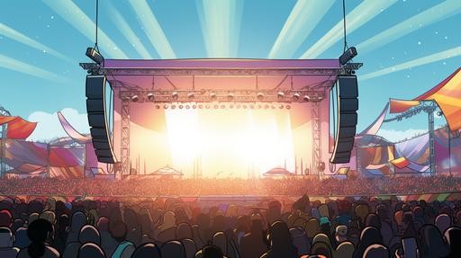 cartoon illustration concert stage left, side angle view, looking out into crowd, thick lines, low detail, 2 jumbo screens, mic stand, --ar 16:9 --v 5.2