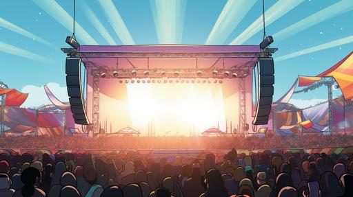 cartoon illustration concert stage left, side angle view, looking out into crowd, thick lines, low detail, 2 jumbo screens, mic stand, --ar 16:9 --v 5.2