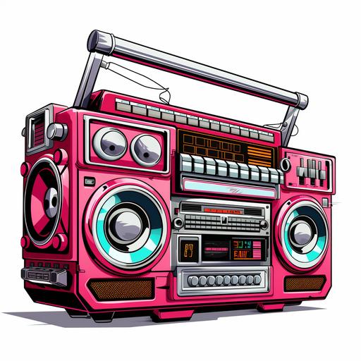 cartoon illustration of an 80s boom box with arms and legs, white background, high detail