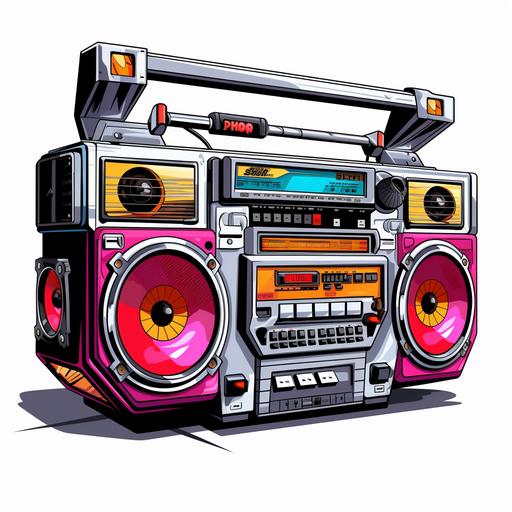 cartoon illustration of an 80s tape player boom box, white background, high detail