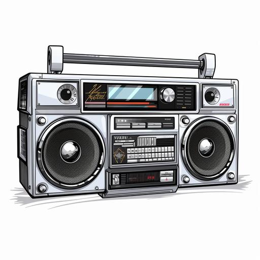 cartoon illustration of an 80s tape player boom box, white background, high detail