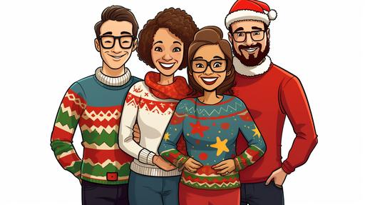 cartoon illustration of family Christmas photo shoot all wearing ugly sweaters --ar 16:9