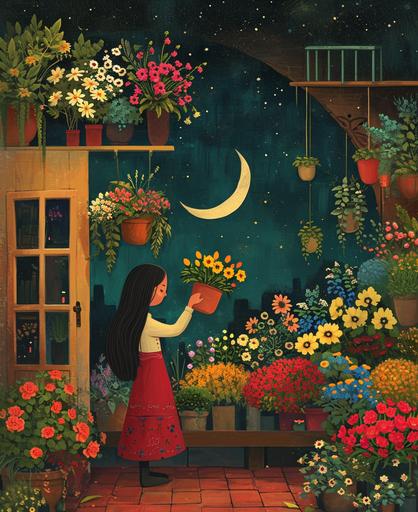cartoon illustration of girl buying flowers in a flower shop garage sale, with moon decor in the background, in the style of duy huynh, arch frame, uhd image, yanjun cheng, edwin lord weeks, dark yellow and light red, dreamscape portraiture, colorful gardens --ar 9:11 --v 6.0