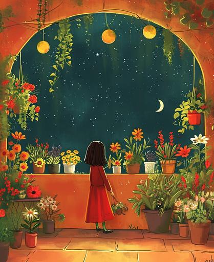cartoon illustration of girl buying flowers in a flower shop garage sale, with moon decor in the background, in the style of duy huynh, arch frame, uhd image, yanjun cheng, edwin lord weeks, dark yellow and light red, dreamscape portraiture, colorful gardens --ar 9:11 --v 6.0