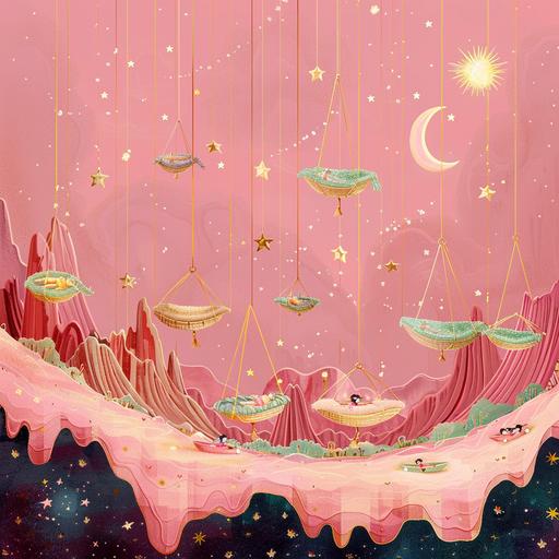 cartoon illustration of many small cradles for children hanging on silken threads intertwining with dreams amidst the stars of fantastic futristic worlds, enchanted lands of joy and serenity pink world
