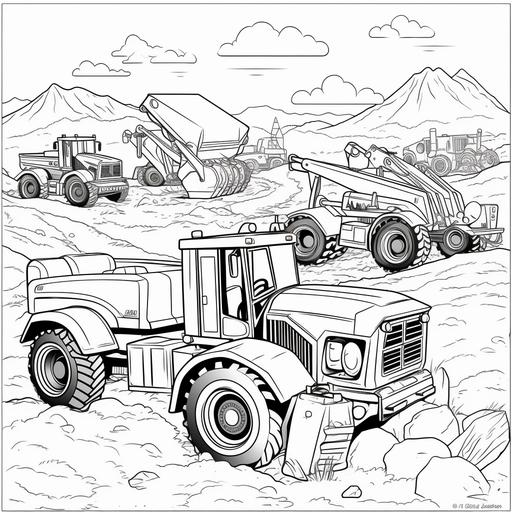 cartoon illustration of tractors backhoes dump trucks for kids coloring book